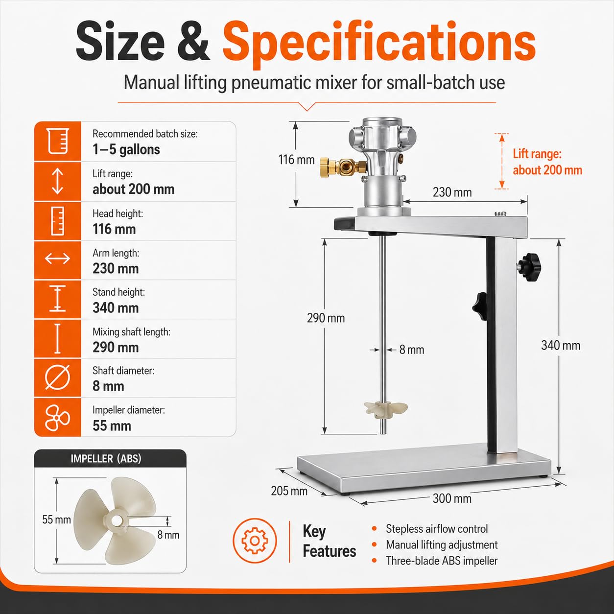 TsoLay Mezclador Neumático Pintura, Agitador Aire IBC 1 Galón con Soporte Ajustable, Velocidad 50-3200 Vueltas/min, Mezclador INOX 1/16 CV para Pintura, Tinta, Recubrimiento, Líquidos Viscosos