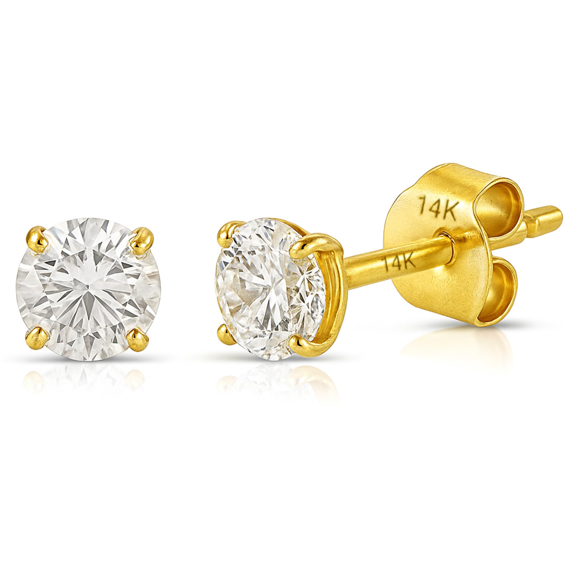 14k Gold Solitaire Round AAAAA Cubic Zirconia Earrings Studs for Women & Men | Anti Tarnishing Brilliant CZ Studs with 14k Gold Butterfly Pushbacks |