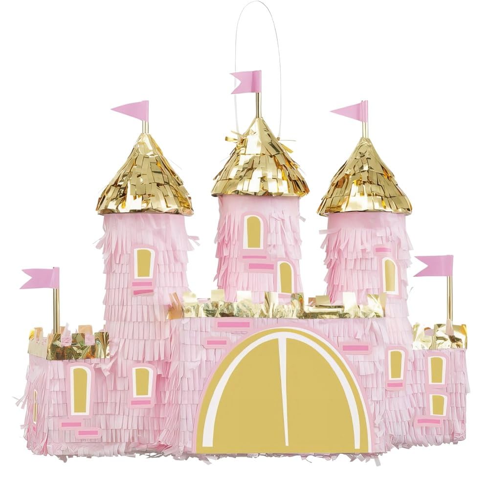Unique Princess Castle 3D Pinata - Pink & Gold Cardboard and Paper, Ultimate Party Fun for Kids' Birthdays & Themed Celebrations (1 Pc.)