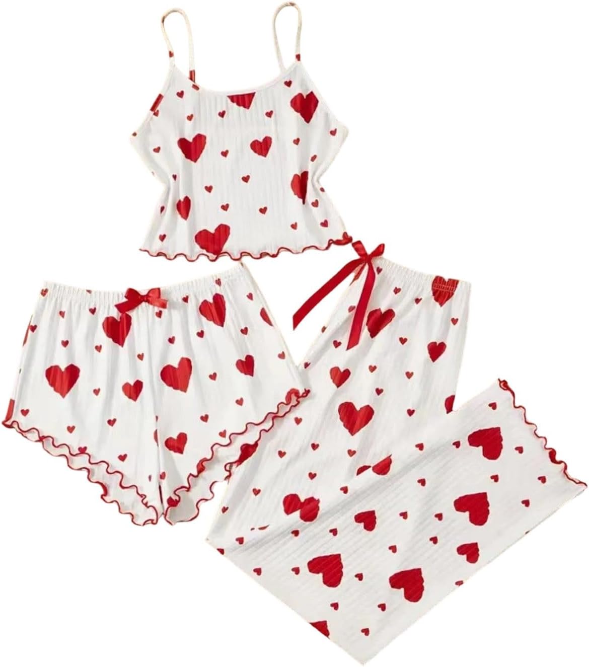 3 Piece Pajama Set for Women Soft Sleeveless Cami Top Pjs with Shorts Long Pants Sleepwear Heart Print Lounge Sets