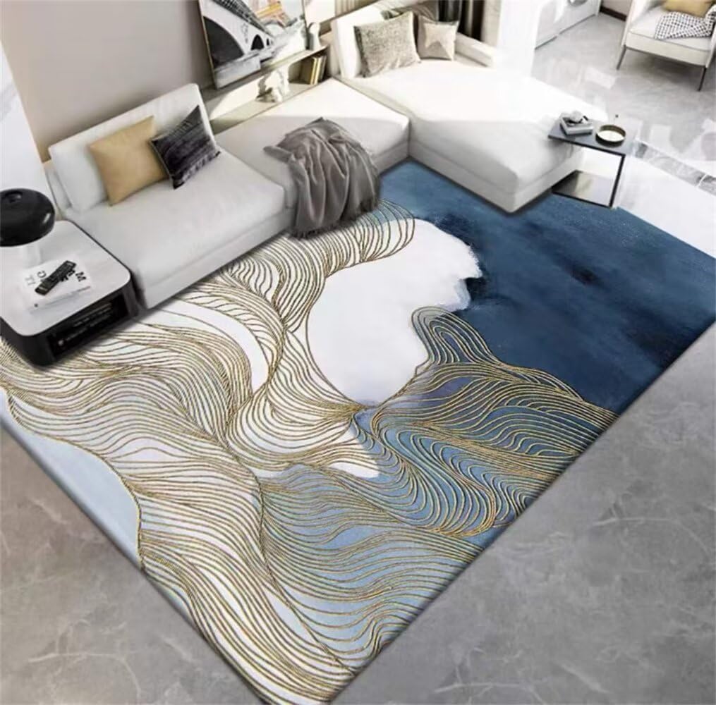 Tapis chambre bébé bleu 200x200cm, descente de lit lavable à rayures
