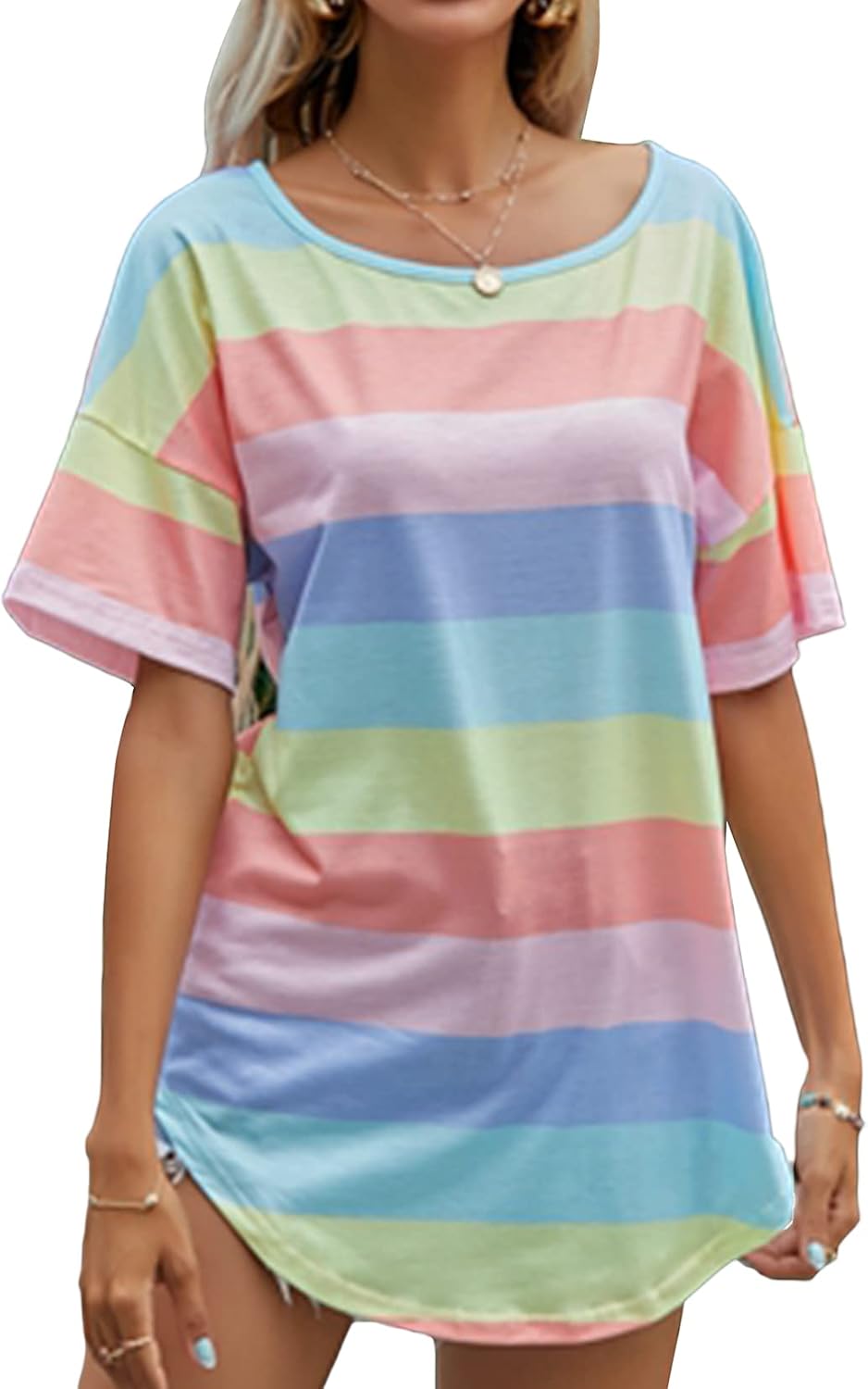 Lu's Chic Women's Short Sleeve Tops Striped Casual T Shirts Summer Rainbow Printed Loose Tee Ladies Cotton Scoop Neck Tunic T-Shirt Comfy Blue X-Large
