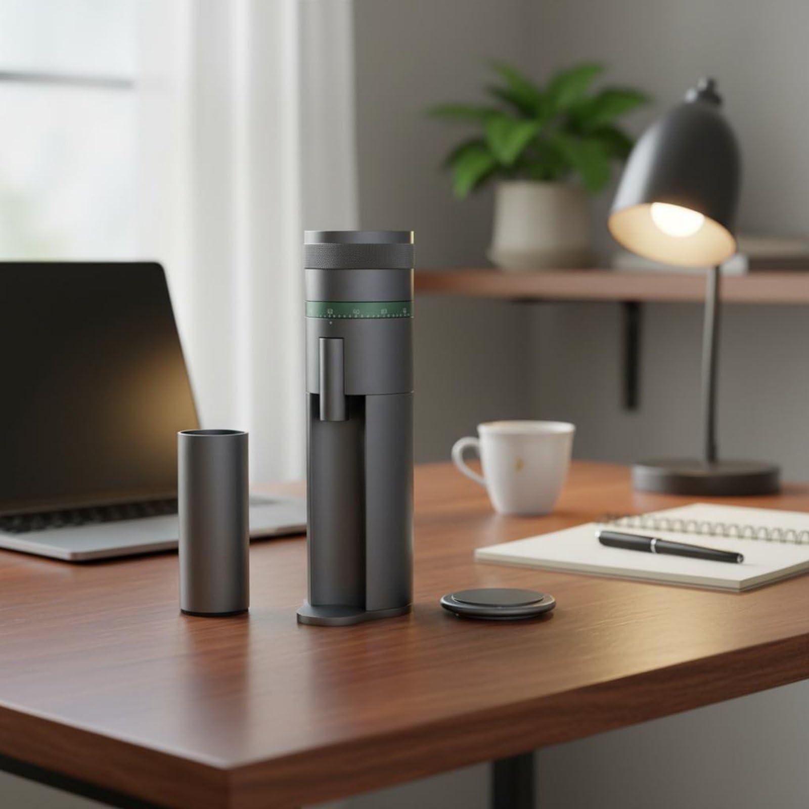 Molinillo de Café Eléctrico Molinillo Cono de Acero 420 y Estructura Metálica Compacta Granulometría Regulable y, Molino De Café Cilíndrico En Color Gris Oscuro Con Base