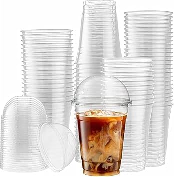 Plastic Cups with Lids, Clear Disposable Plastic Coffee Cups Dome with Lids, Cold Drinks Party Take Out Cups, Pack of 100 400ml