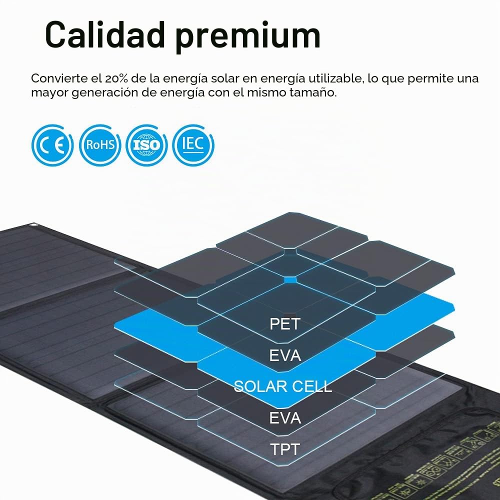 60W Cargador Solar Portátil para Exteriores - Cargador de batería Solar Plegable - 3 Paneles a Prueba de Agua, Carga rápida Tres Puertos para Acampar iPhone iPad Samsung LG Teléfonos y Dispositivos