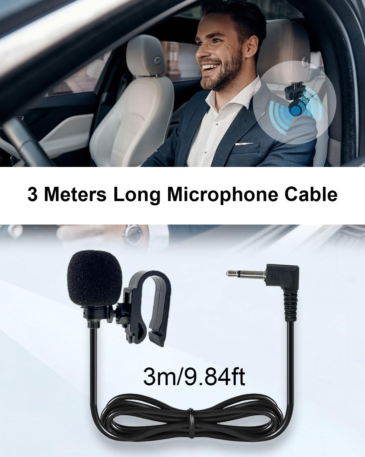 Microphone Voiture 3,5 mm Externe avec Pince en U Compatible avec Sony Pioneer Kenwood JVC Alpine, Micro de Rechange pour Autoradio GPS DVD, Câble de 3M avec Adaptateur 3,5 mm vers 2,5 mm - 3