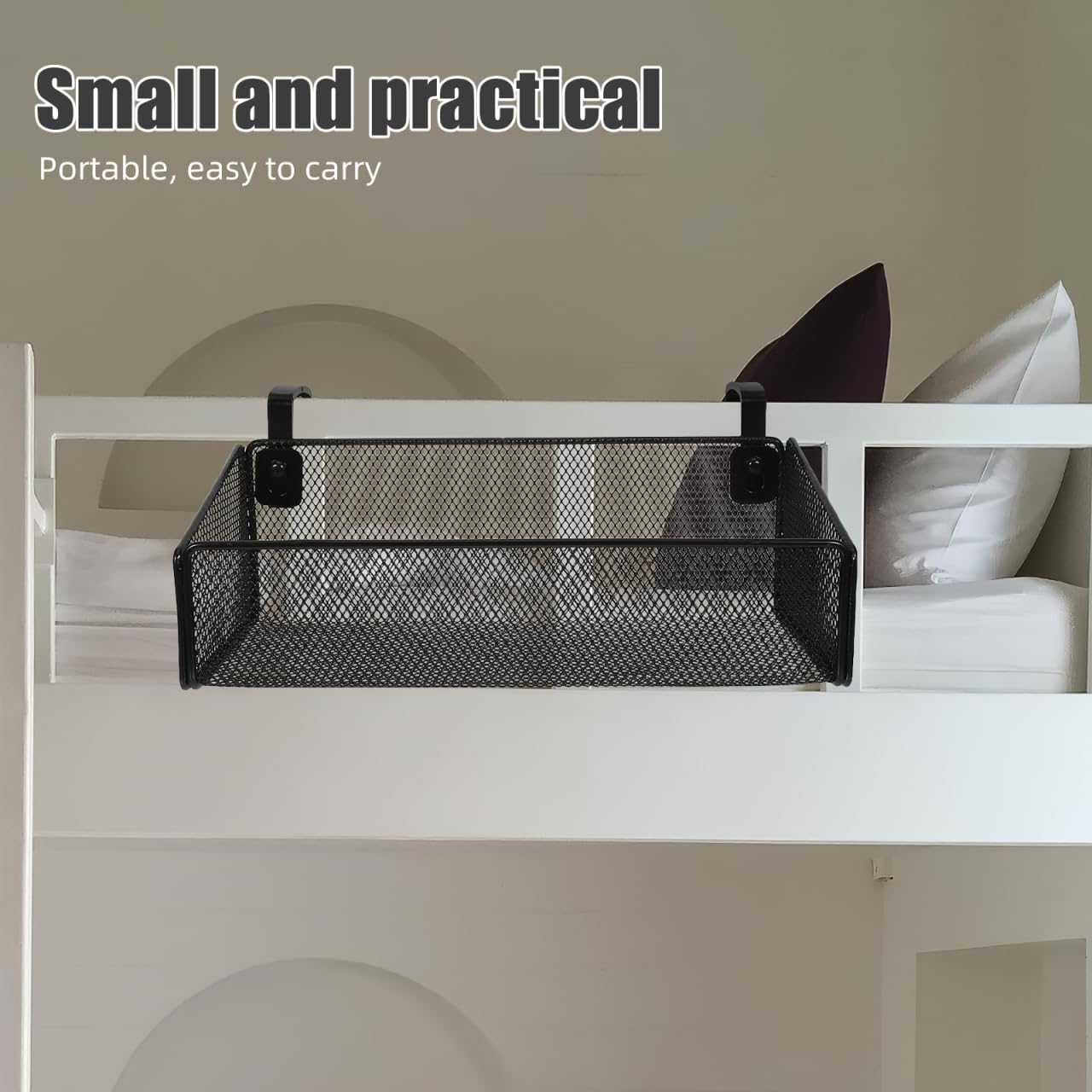 ULTECHNOVO Bedside Caddy Shelf Hanging Storage Basket for Bunk Bed, Office Cubical Walls, Baby Rails, College Dorm Organizer - with 10 Hooks for Phone, Glass, Magazine, Decor (Black)