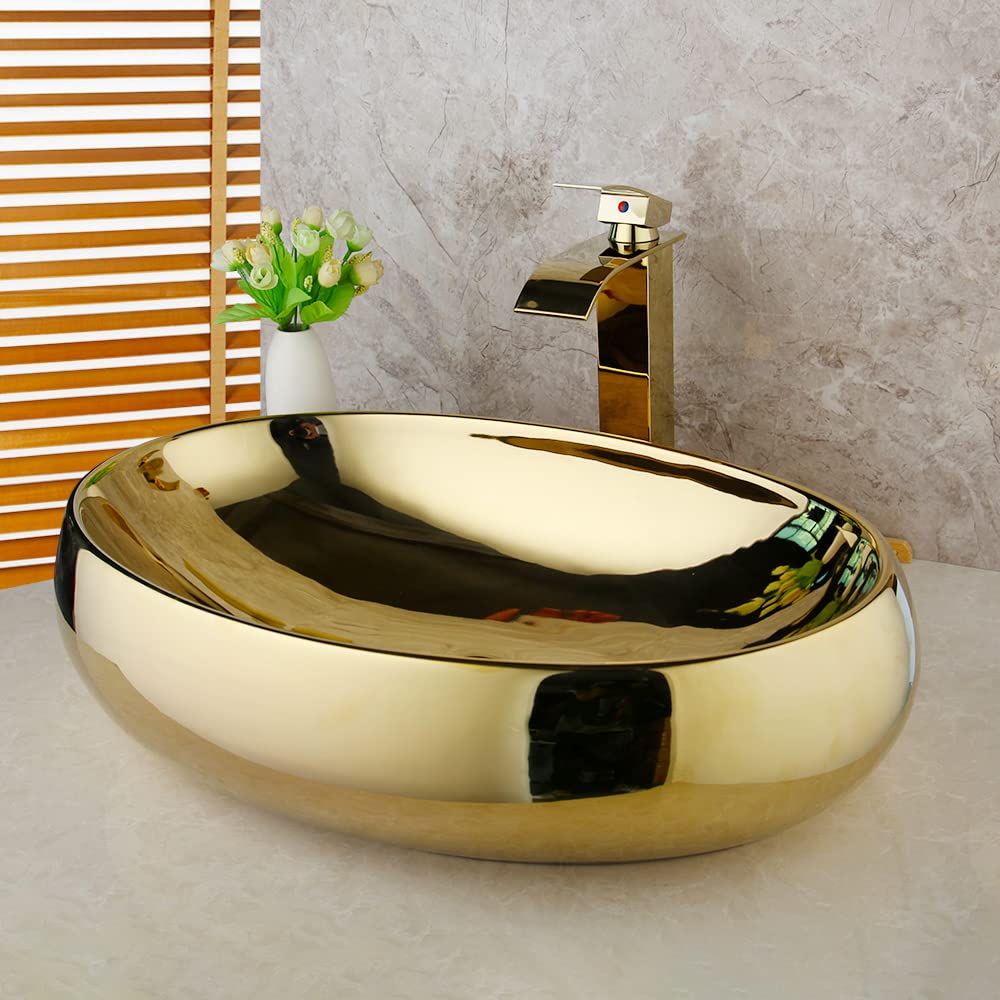 KECTIAKL 23 Inch Bathroom Vessel Sink Gold Ceramic Sink Bowl, Above Counter Oval Bathroom Sink with Waterfall Faucet and Pop-up Drain Combo