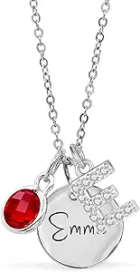 Customized Birthstone Necklace with Initial, Personalized Silver Name Plate Necklace for Women, Custom Pendant Jewelry Gifts for Christmas Birthday Thanksgiving Anniversary