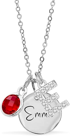 Customized Birthstone Necklace with Initial, Personalized Silver Name Plate Necklace for Women, Custom Pendant Jewelry Gifts for Christmas Birthday Thanksgiving Anniversary
