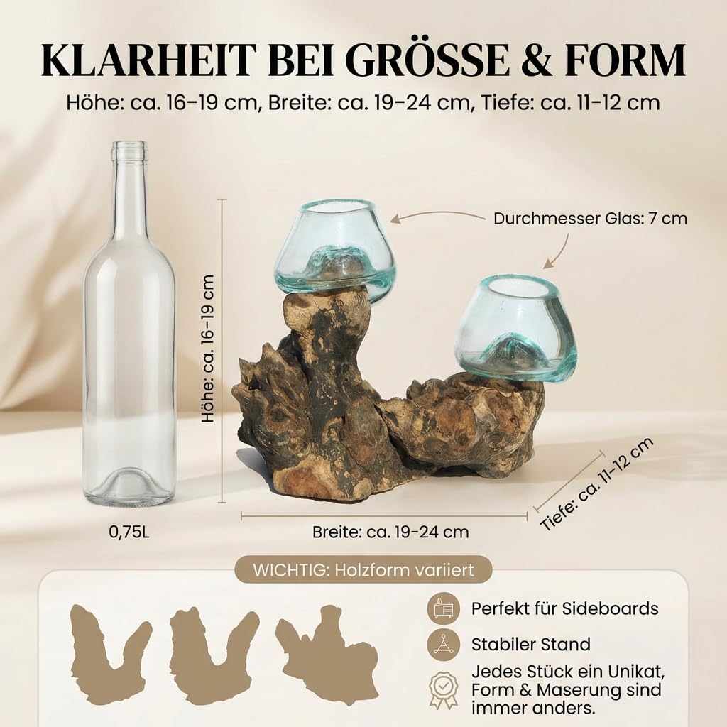 Jarrón de cristal doble (diámetro de cristal de 7 cm) – Jarrón decorativo hecho a mano en madera de raíz con cristal extraíble, decoración de salón, adecuado como florero o tarro de velas