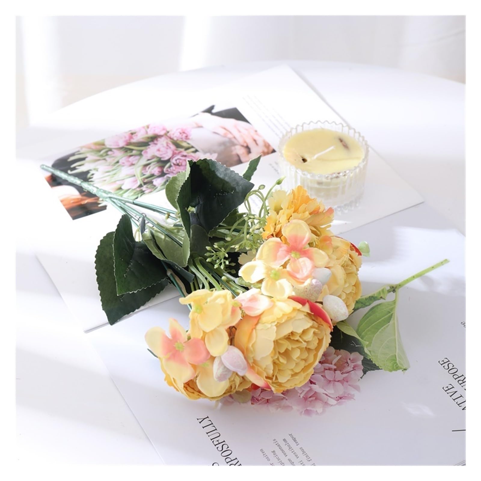Gv8pA5fj7b Ready Arranged Flowers in Vase White Silk Rose Artificial Flowers Bouquet Wedding Home Decoration Fake Peony Flower Arrangement(G)