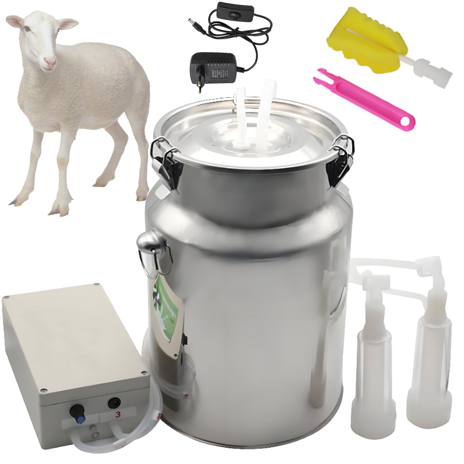 Mungitrice per mucche/capre con secchio in acciaio inox da 10/14 litri,aspirazione regolabile e funzione di arresto automatico,Attrezzatura portatile automatica per la mungitura del bestiame Goat-14L