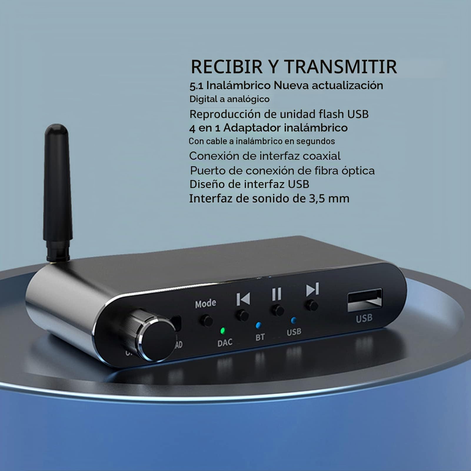Transmisor Receptor Bluetooth, 4 en 1 Bluetooth 5.1 Adaptador de Audio Auxiliar HiFi DAC Convertidor Digital a Analógico para Estéreo Doméstico, TV, Automóvil, PC, Auriculares