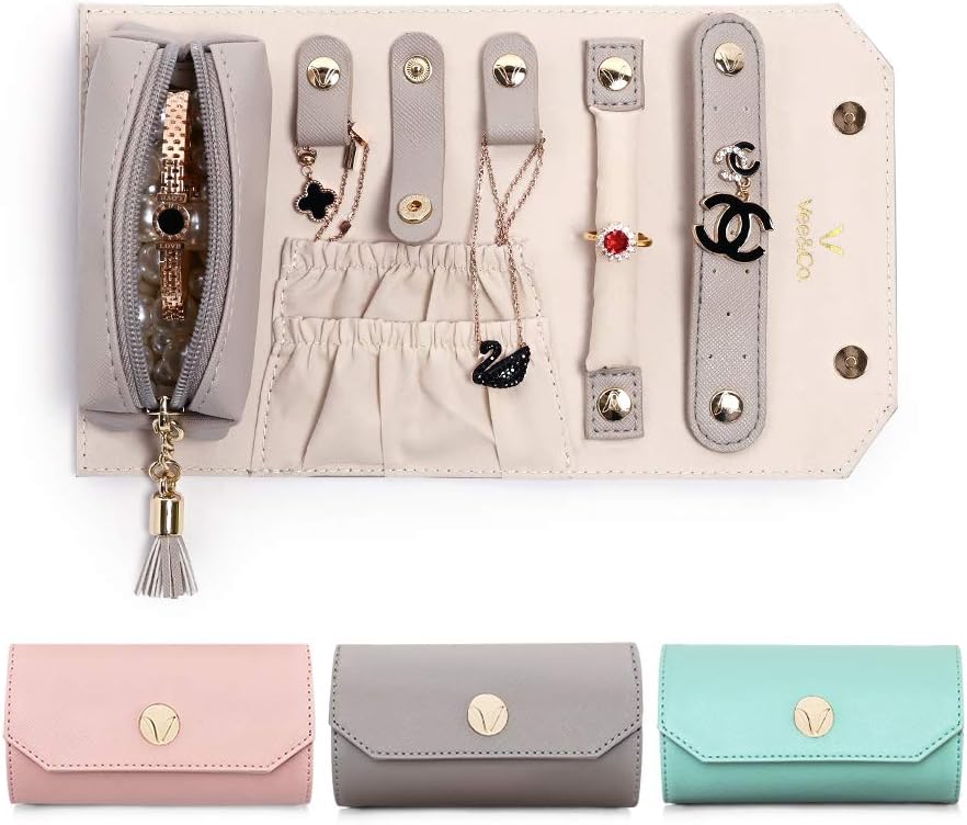 Vee アクセサリーケース 携帯用 ジュエリーボックス アクセサリー 収納 ジュエリーポーチ ピアス 収納 ネックレス 指輪置き 腕時計 小銭入れ 贈り物 上品 グレー