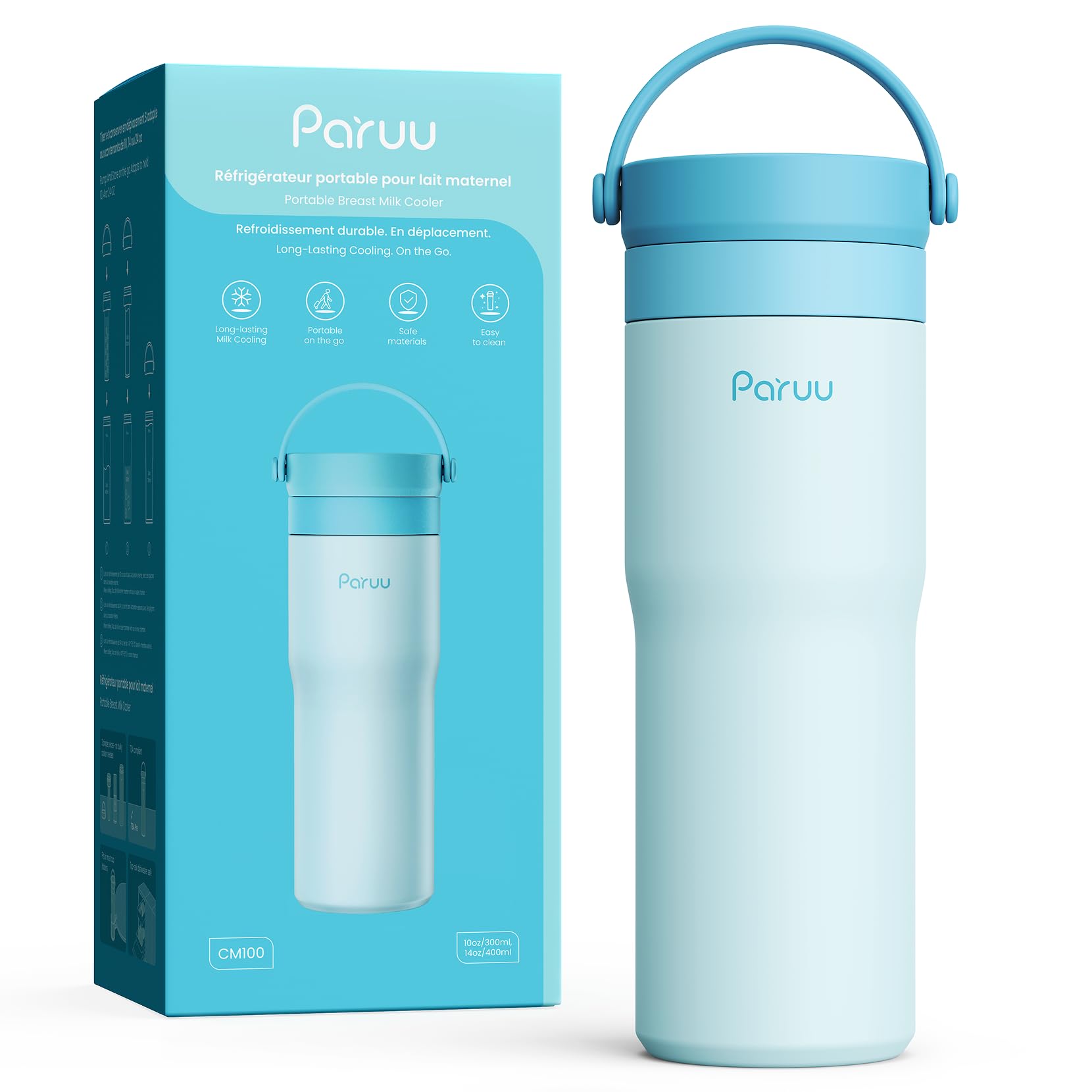 Paruu Portable Breast Milk Cooler, 304 Stainless Steel Breastmilk Chiller for 14–23H Cooling, 10-24oz Breastmilk Storage Container for Travel, Outdoor, New Moms Breastfeeding Essentials, Blue