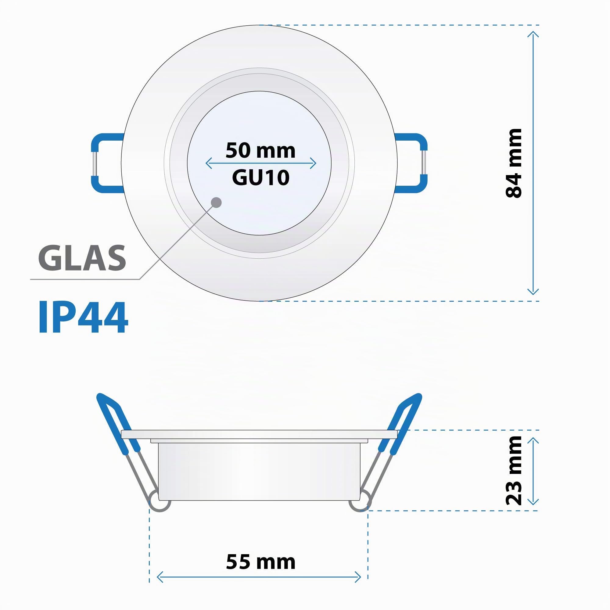 20x Einbaustrahler Bad IP44 mit GU10 Fassung RUND weiß Einbauspot Einbauleuchte Rahmen Rostfrei Deckenspot Strahler Spot 5101