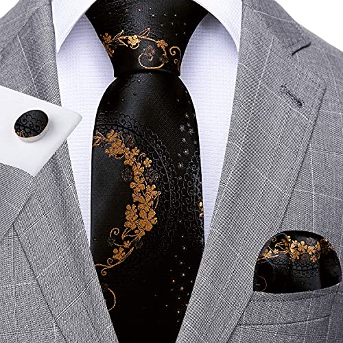 Image of Barry.Wang Flower Ties for Men Handkerchief Cufflinks Set Wedding Necktie Set Party