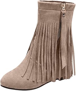 Stivali Donna Moda Stivaletti con Cerniera Piatta in Pelle Scamosciata con Frange comode e Tinta Unita