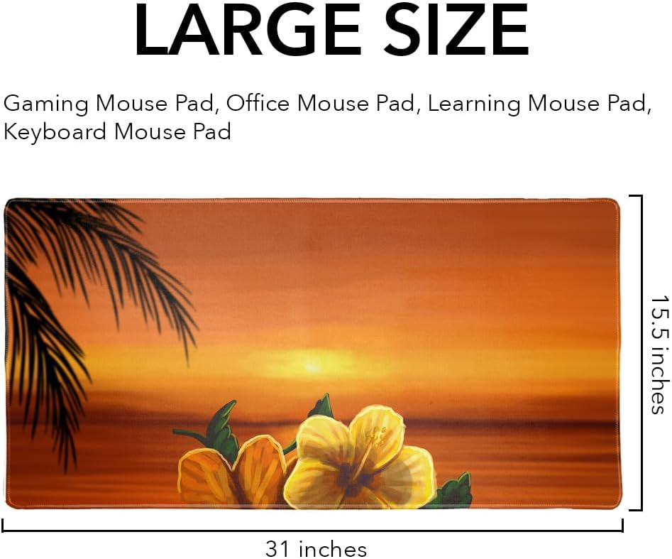 Beach Sunset Hibiscus Flower Hawaiian Large Gaming Mouse Pad Desk Mat with Stitched Edges, Non-Slip Base
