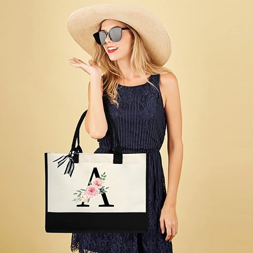 Miniatura 5 de Bolsa de lona personalizada con inicial para mujer, bolsa de playa con bolsillo interior con cremallera para bodas, cumpleaños, vacaciones