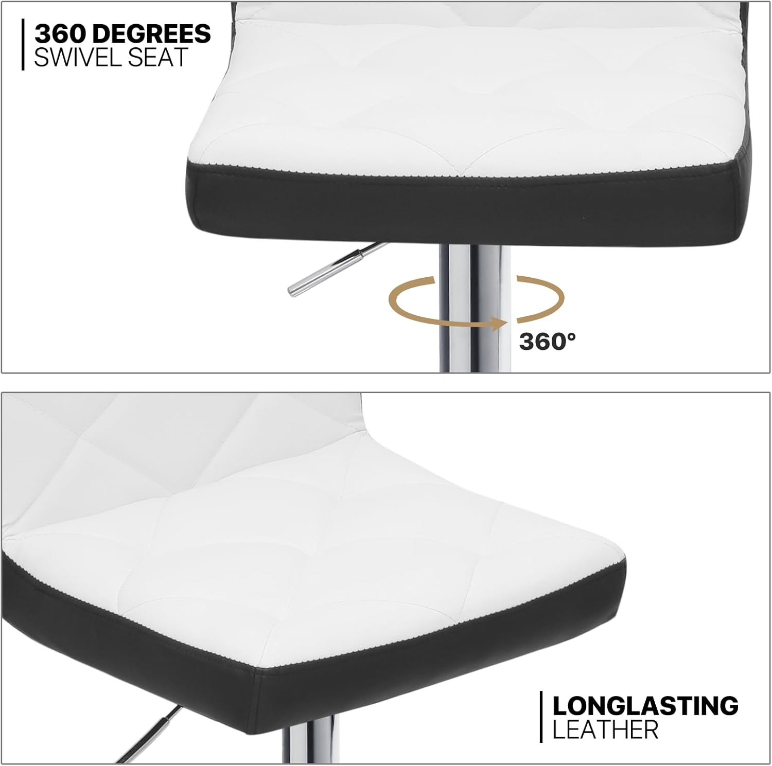 MoNiBloom Bar Stool 360° Swivel Barstool, White-Black Blocking PU Leather Bar Chairs Set of 2, Height-Adjustable Counter Swivel Stool with Back PU Leather Kitchen Counter Stools Dining Chairs