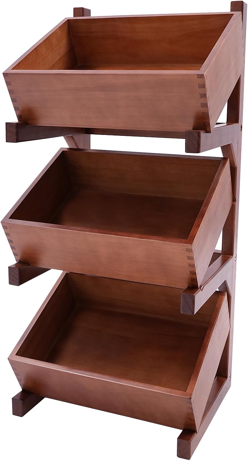 3-Tier Wood Fruit and Vegetable Storage Rack with Tilted Basket, Floor Standing Fruit Basket Stand, Snack Rack, Utility Organizer Shelf for Kitchen Living Room Bedroom Home Office Store