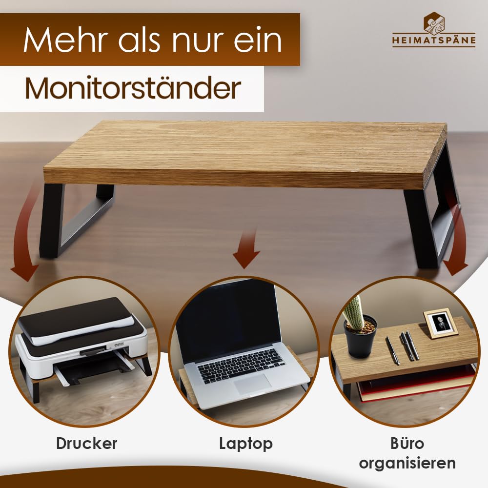 Heimatspäne Monitorständer Eiche massiv – Ergonomische Bildschirmerhöhung Holz als Schreibtischaufsatz für Bildschirm oder Laptop