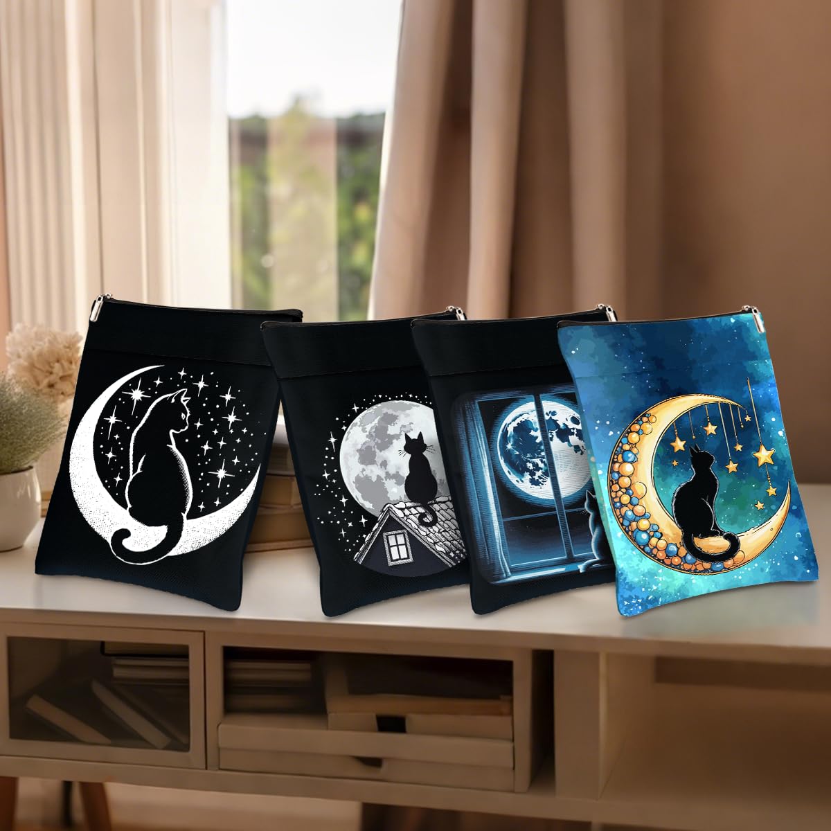 Buchhülle für Bücher, Schutztasche mit Reißverschluss und Vordertasche, waschbar, himmlische Katzenkunst, Boho-Mond-Hexenbuchliebhaber, Geschenke, Geschenke für Katzenliebhaber, Tochter, Mutter, Leser