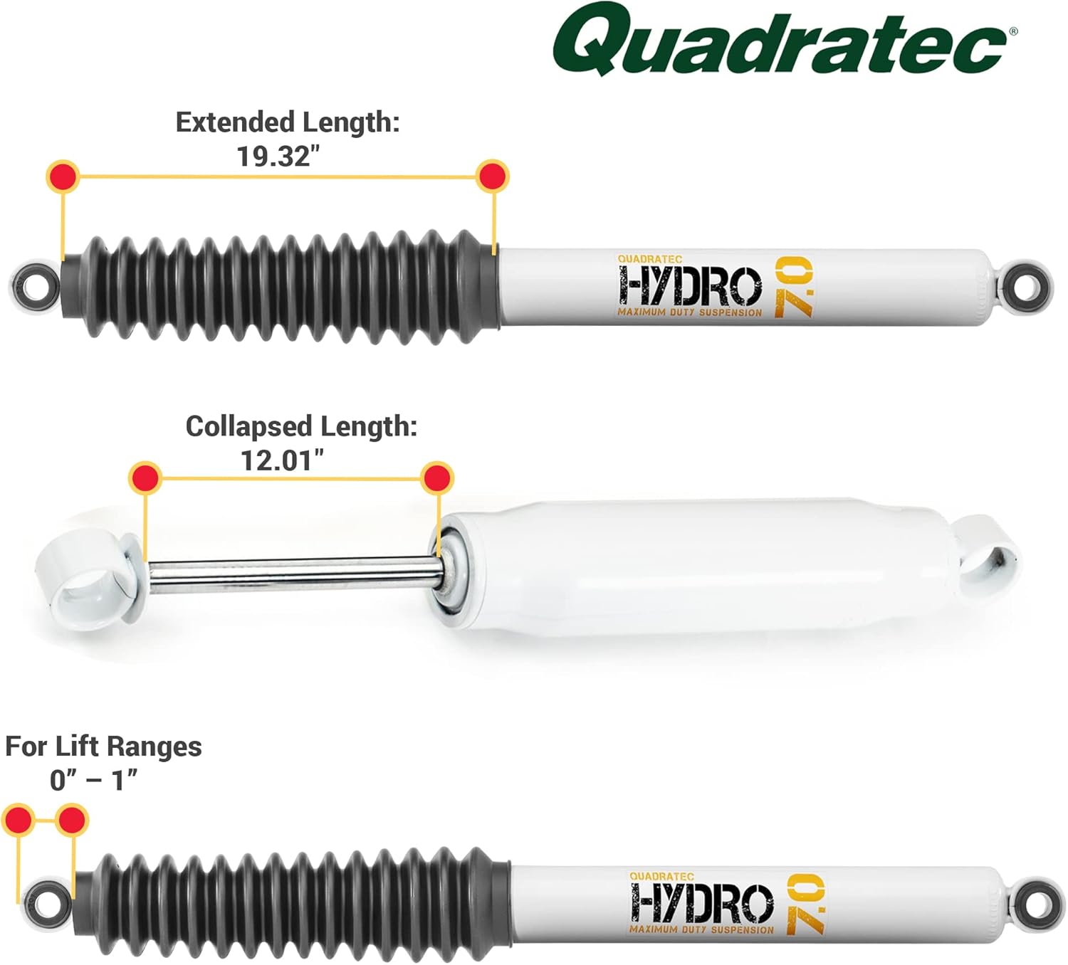 Quadratec Maximum Duty Hydro 7.0 Rear Shock Absorber - Fits Jeep CJ-5, CJ-7, CJ-8 Scrambler & Wrangler YJ 1955-1995 with 0" - 1" Lift - For Mild to Moderate Offroad Use - Twin-Tube Hydraulic Shock
