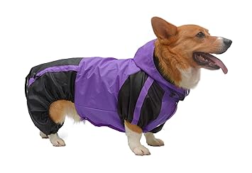 Lovelonglong Welsh Corgi Dog Hooded Raincoat, Dachshund Rain Jacket Poncho Waterproof Clothes with Hood Breathable 4 Feet Four Legs Rain Coats for Corgis Dachshund Purple D-L