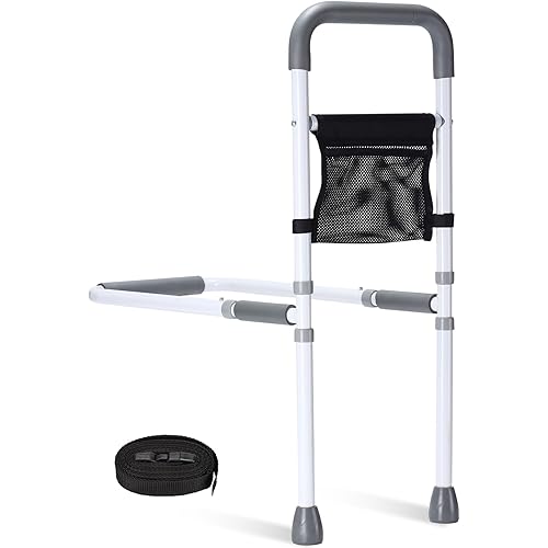 WeHwupe Bed Rails for Elderly Adults Height Adjustable Bed Assist Rail for Seniors Safety Bed Handle with Leg Bedside Fall Prevent Grab Bar with Storage Pocket Fits King Queen Full Twin Bed