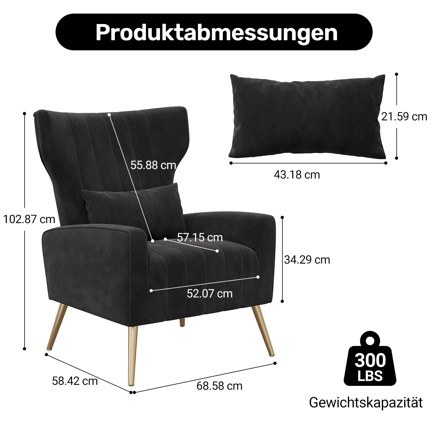 Hawthyhome Relaxsessel/Einzelsofa/Fernsehsessel/Ohrensessel mit Kopfkissen und Gold Metallfüßen aus Samt bis 130kg Schlafzimmer Wohnzimmer Schwarz