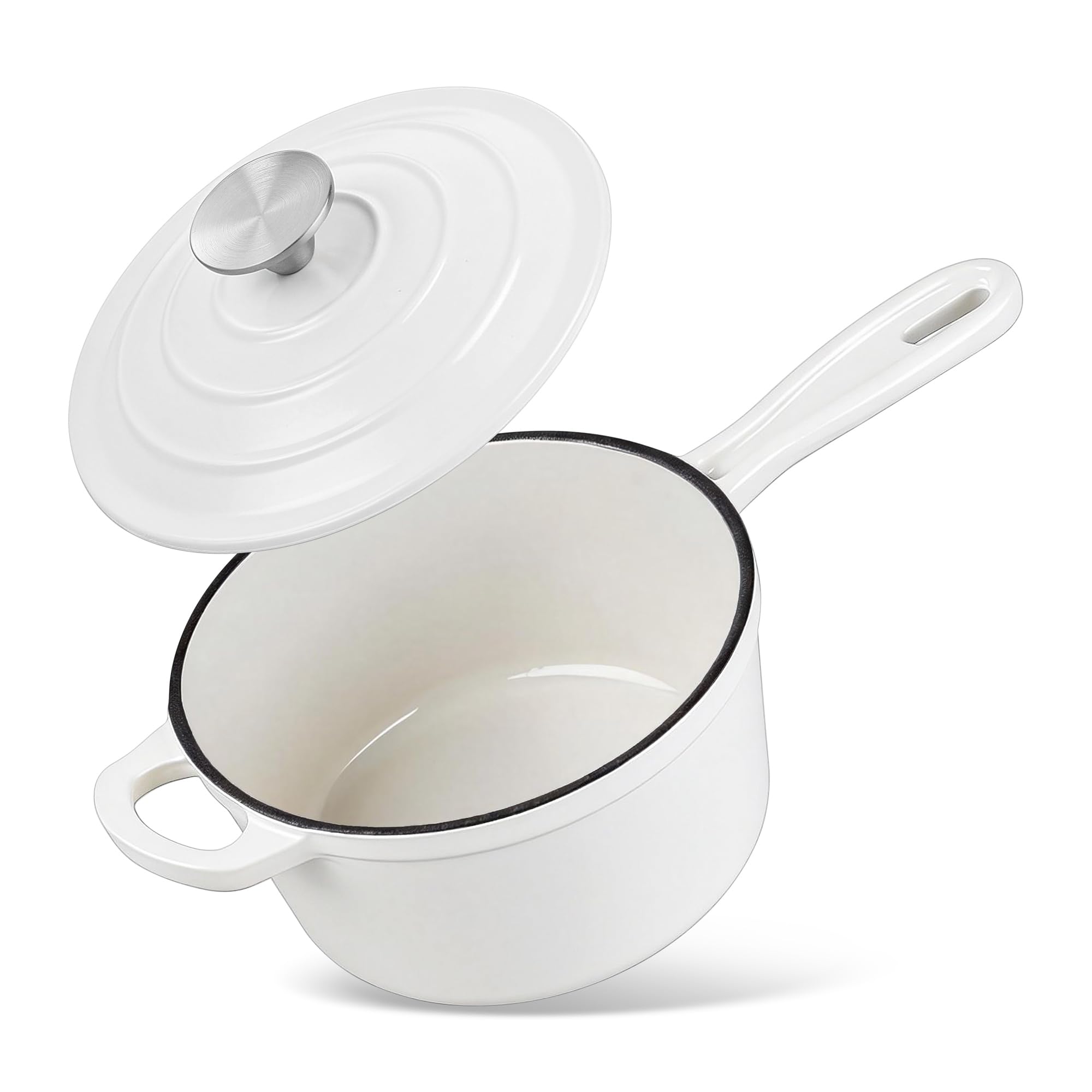 Homikit Small Cast Iron Pot, 2 Quart Enameled Cast Iron Sauce Pan with Lid, Heavy Duty Enamel Dutch Oven Kitchen Cookware for Making Pasta, Boiling Soup, Warming Milk, Nonstick &amp; Oven Safe, White