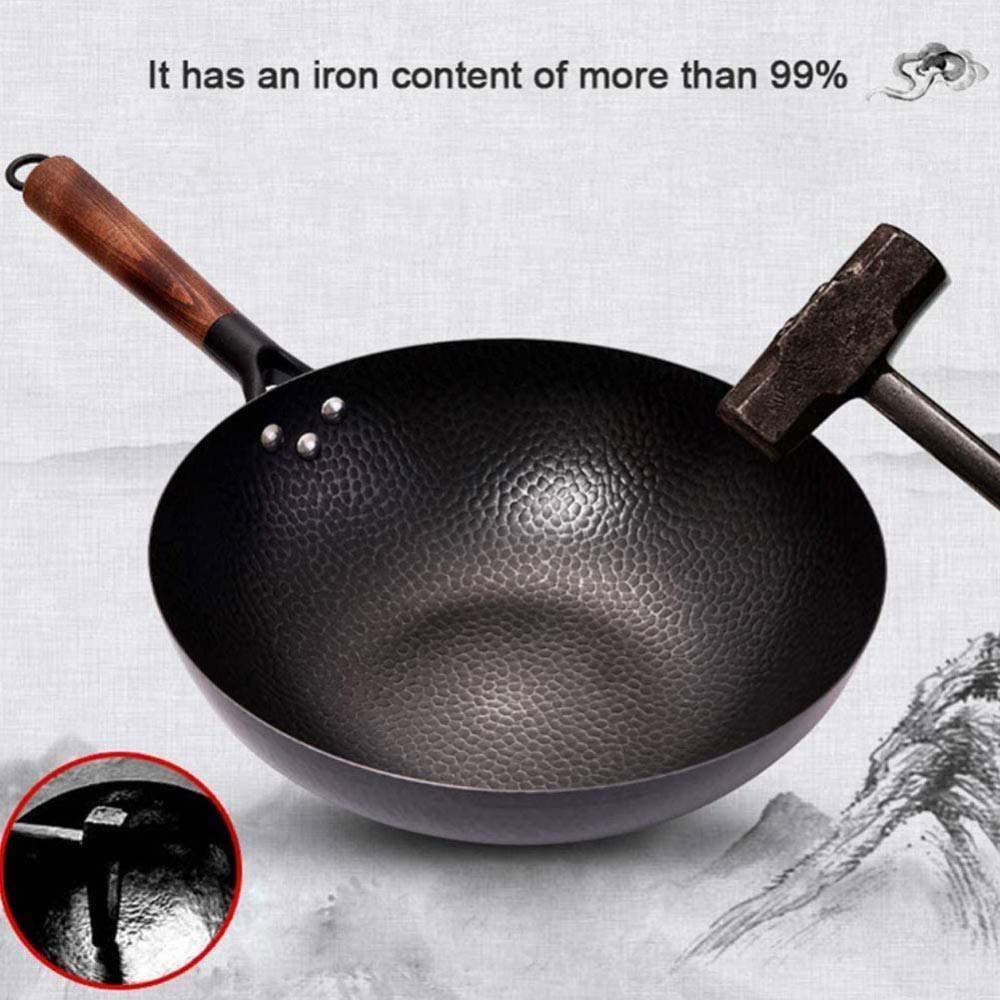 wok, Wok de acero al carbono con tapa, hecho a mano, sin revestimiento, antiadherente, for cocinas eléctricas, inducción y gas