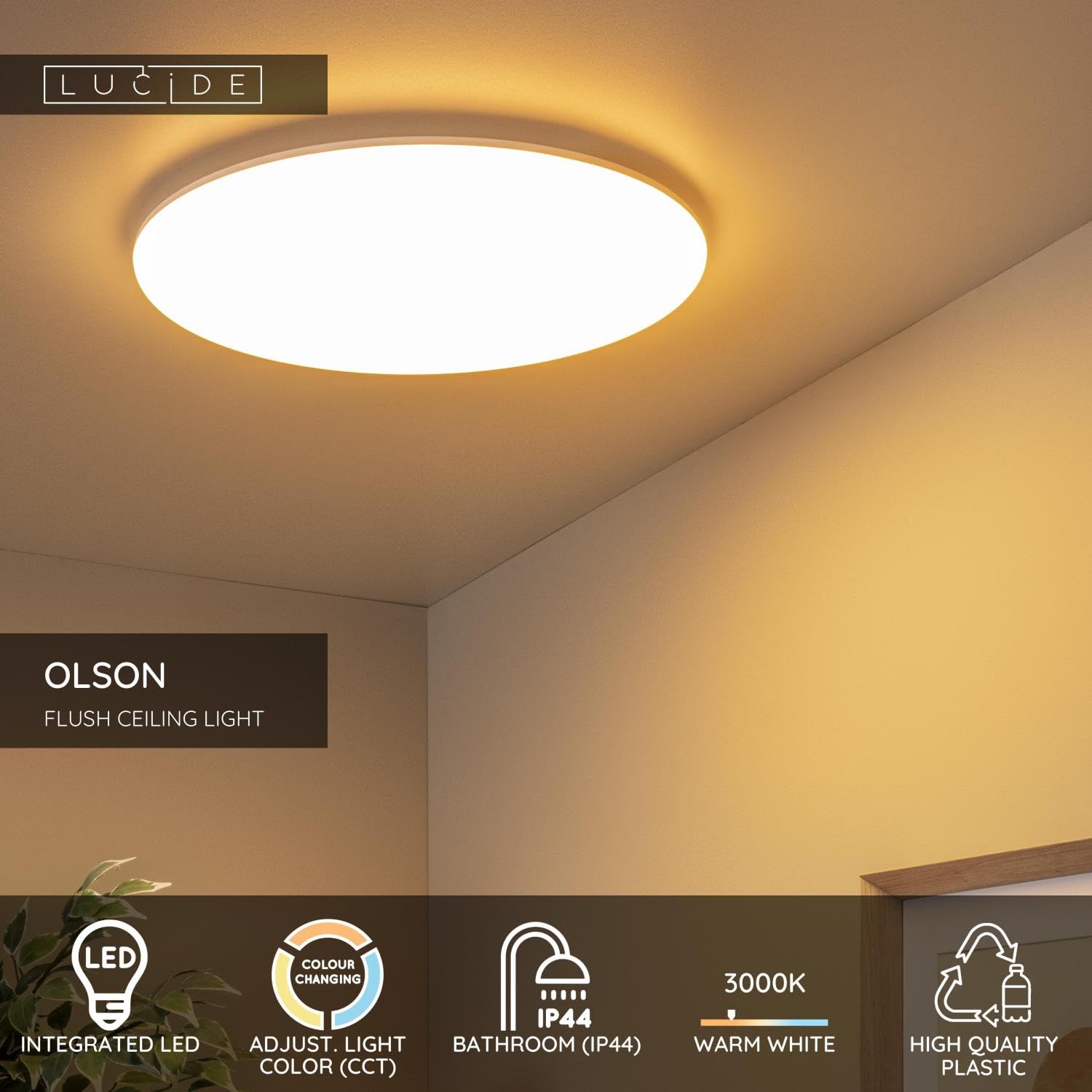 LUCIDE OLSON - Deckenleuchte Badezimmer - Ø 45 cm - LED - CCT - 1x45W 3000K/6500K - IP44 - Opal
