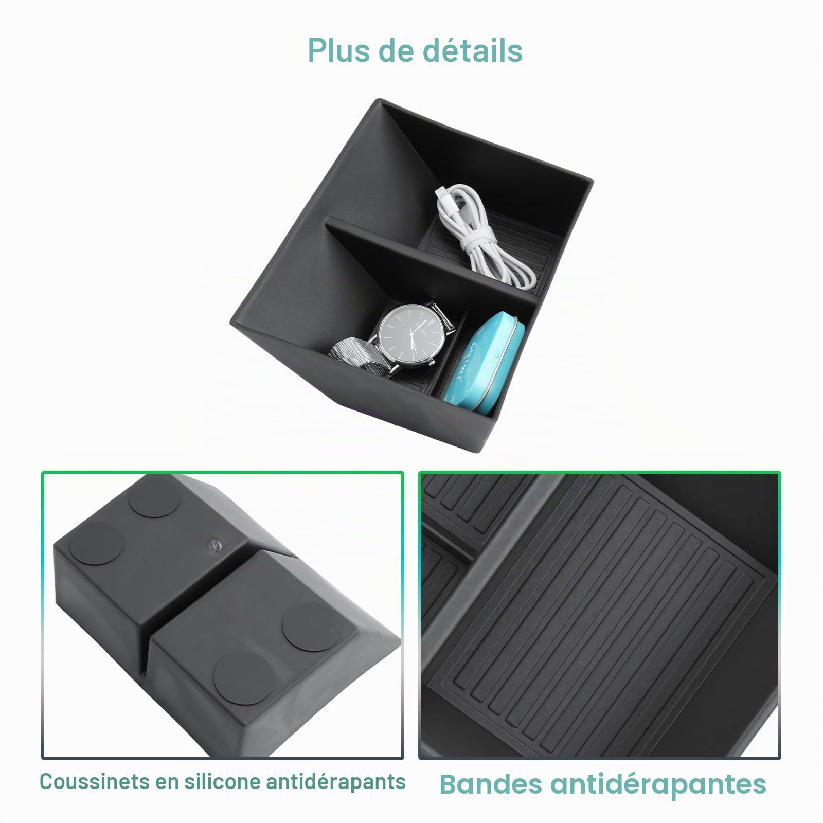 GAFAT Compatible avec Volvo EX30 2026 2025 2024 Boîte de rangement pour console centrale, plateaux de rangement inférieurs pour EX 30 accessoires, en caoutchouc TPE, antidérapant avec 4 coussinets en