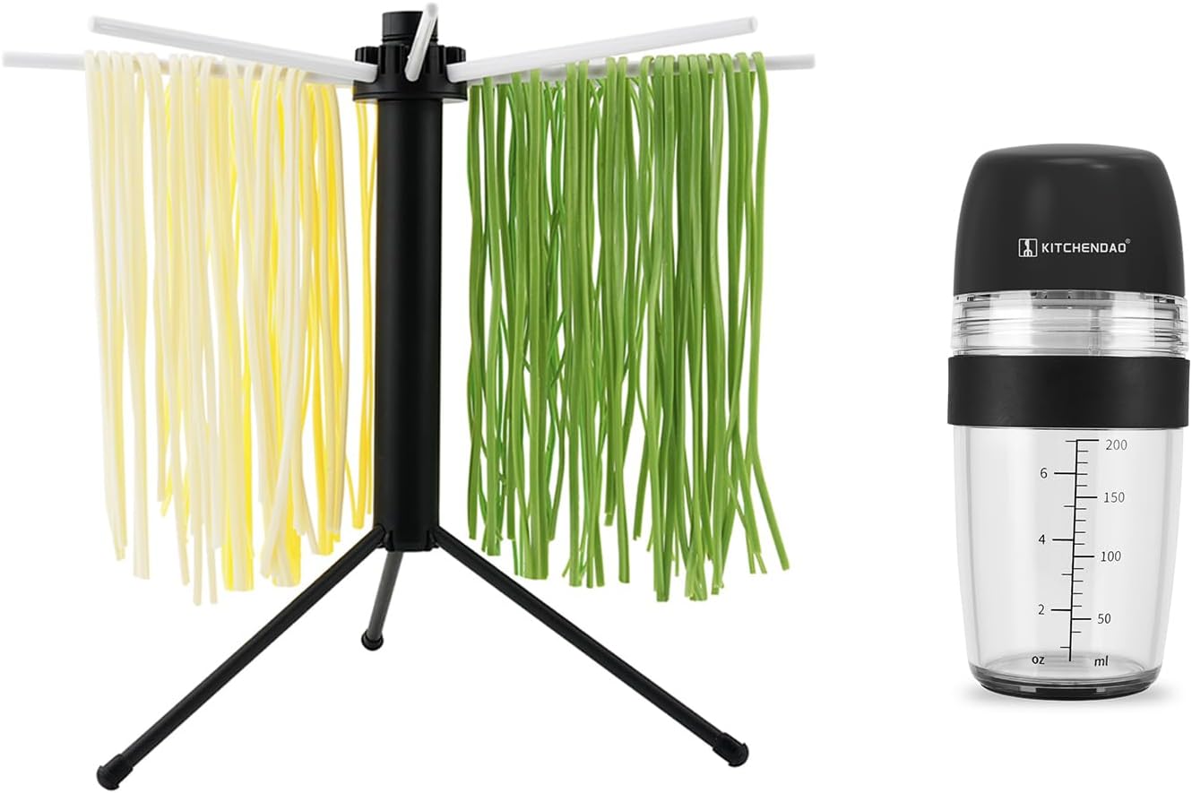 KITCHENDAO Collapsible Pasta Drying Rack and 2 in 1 Salad Dressing Shaker Container with Juicer
