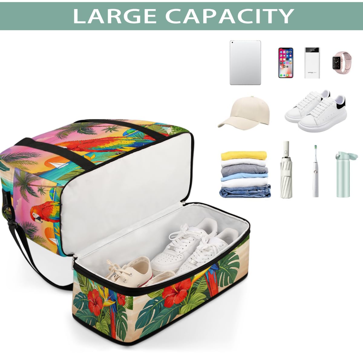 Borsone da viaggio pieghevole con motivo tropicale e ibisco, borsa da palestra espandibile con scomparto per scarpe, grande capacità, borsa da weekender, borsa da viaggio, sport, viaggi notturni