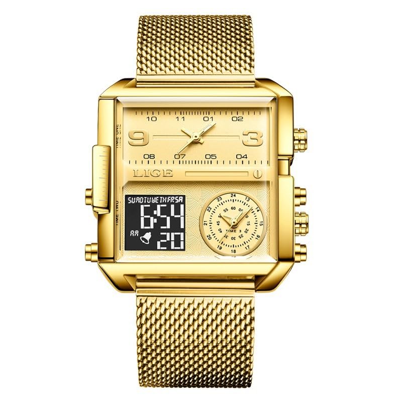 OVERFLY LIGE Gold Dial Dual Time Chronograph Luxury Sports Analog-Digital Watch (B0C8TYV428) Amazon Price History, Amazon Price Tracker