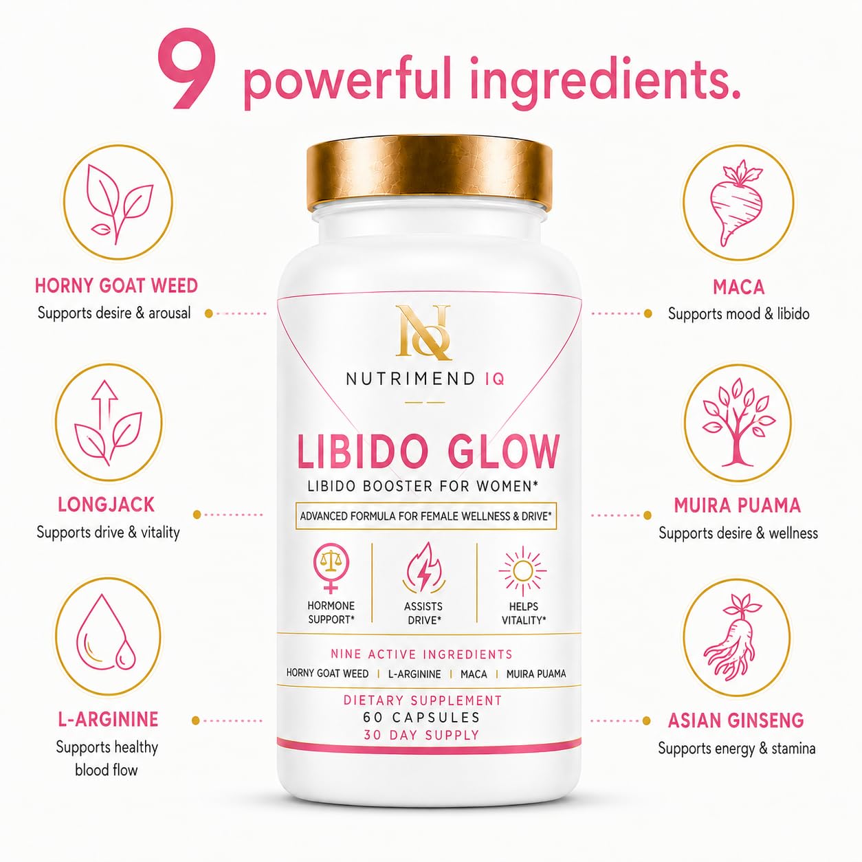 || G L O W || Premium Libido Support for Women - Assists Female Drive, Passion, Hormones, Blood-Flow, Energy - 9 Ingredients - Horny Goat Weed, Maca, Longjack & More - 3rd Party Tested - 60 Caps — Amazon image 2