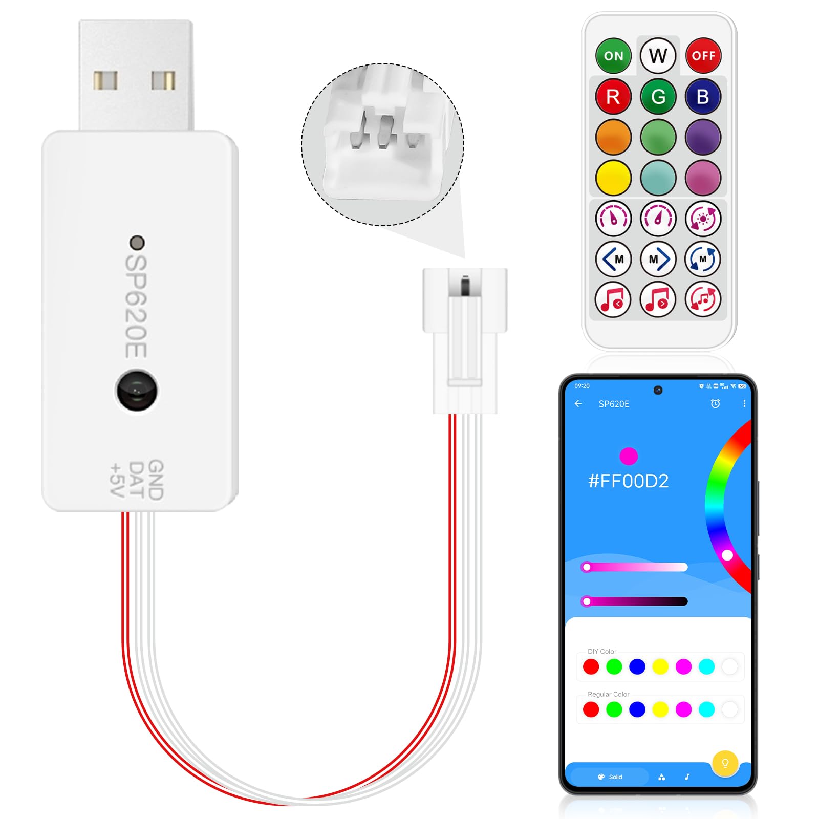 SP620E Bluetooth WS2812B WS2811 Controller mit IR Fernbedienung, USB Schnittstellen, Smart Phone APP Steuerung für Adressierbare RGB LED Streifen