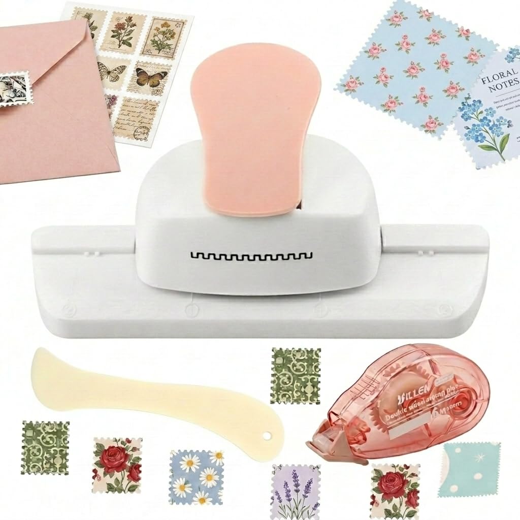 Stamp Puncher, Adjustable Postage Stamp Border Puncher with Scrapbooking Paper Folder Tool & Glue Dispenser, Stamps Hole Punch for Scrapbooking, Paper Crafts and DIY Greeting Cards