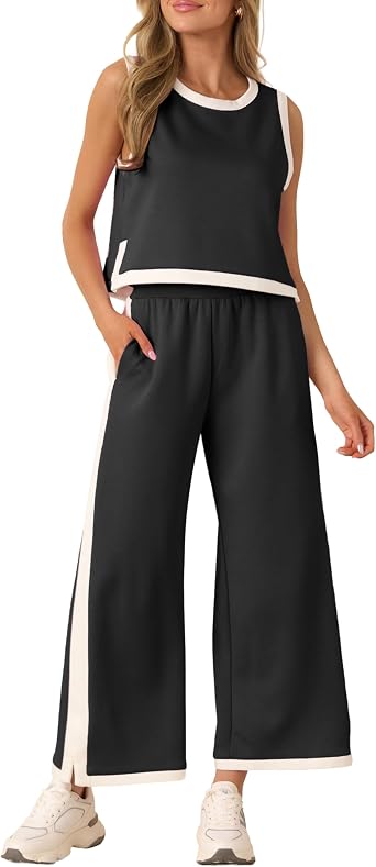 Womens 2 Piece Sets Summer Lounge Outfits Boho Color Block Crewneck Sleeveless Top Wide Leg Pants with Pockets