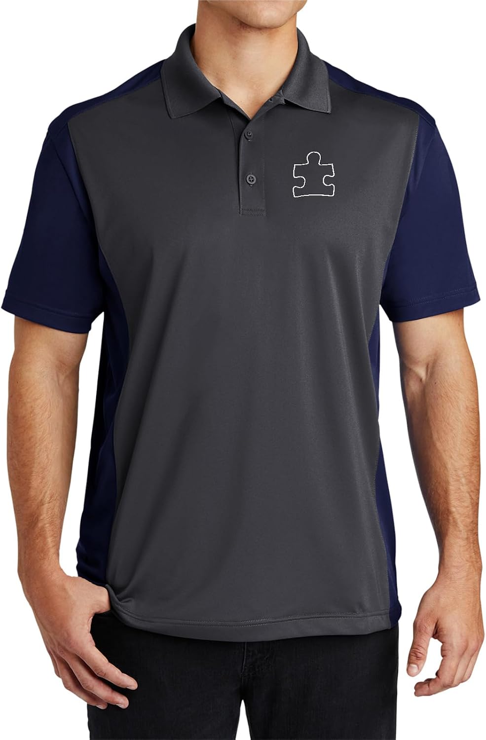 Autism Awareness White Puzzle Piece Chest Print Colorblock Sport Wick Polo Shirt