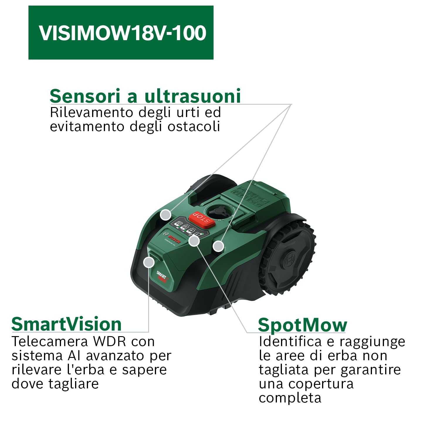 Bosch Robot rasaerba a batteria VISIMOW18V-100 (per prati fino a 100 m², larghezza di taglio: 16 cm, altezza di taglio: 20-60 mm, senza batteria)