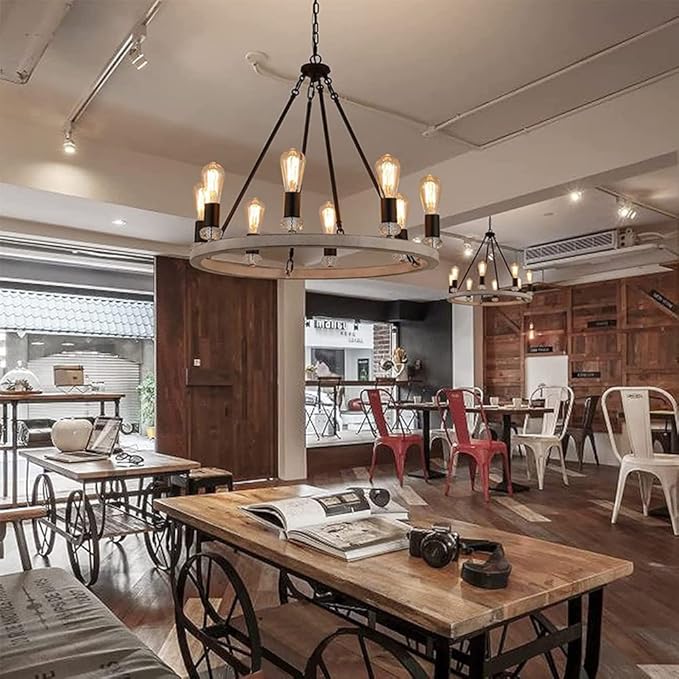 SilteD Ronde 8-Light Wheel Kroonluchter Boerderij, Houten Eetkamer Lampen, Kristallen Hanglamp Voor Woonkamer Decor, Verstelbare Keuken Lichtpunt Present photo 3