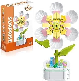 مجموعة ألعاب مكعبات صغيرة بناء باقة زهور مع قاعدة من تويز لاند مكونة 128 قطعة لتزيين المنزل والمكتب وسطح المكتب لعيد ميلاد النساء والبالغين والأطفال ياسمين أبيض أكريلونيتريل بوتادين ستايرين