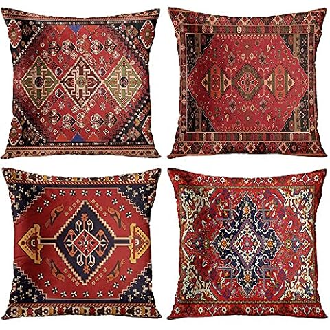 Emvency Set of 4 Throw Pillow Covers Tribal Abstract Red and Black Vintage Persian Carpet Pattern Decorative Pillow Cases Home Decor Standard Square 20x20 Inches Floral Pillowcases Cover