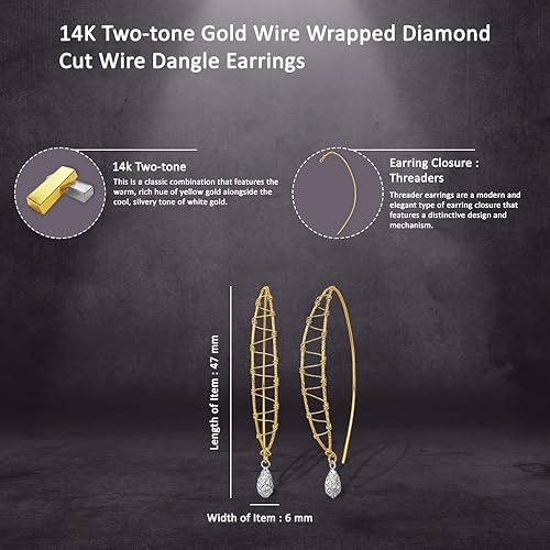 Miniatura 4 de Aretes colgantes de alambre de oro de dos tonos de 14 quilates envueltos en alambre de diamante y corte de diamante para mujer L-1850in W-0236in